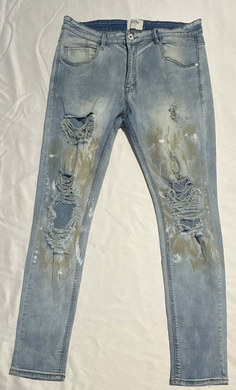 KDNK 114 14 11 Mens Distressed Paint Splatter Skinny Fit Jeans Light Wash Size 3